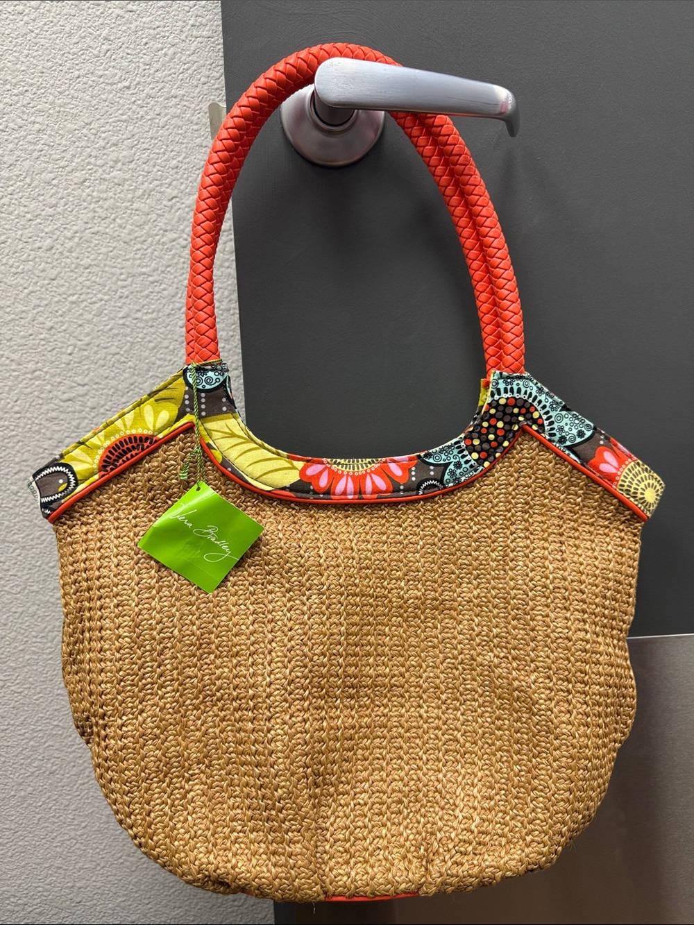 Vera Bradley Flower Power Straw Tote with Coral Braided Handles and Floral Trim